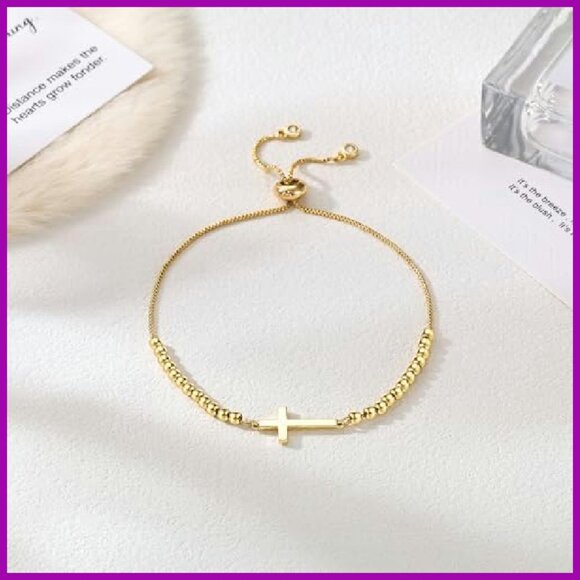 Sterling Silver Gold Plated Cross Bracelet Adjustable Religious Jewelry - Picture 6 of 8